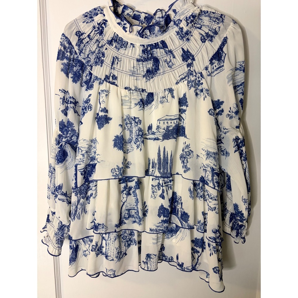 John Mark Blue White Toile De Jouy Smocked Tiered Ruffle Blouse XL Chiffon Top